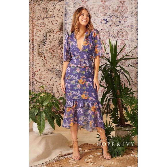 Hope & Ivy Purple Floral Tammie V-Neck Midi Tea Dress - Picture 3 of 11